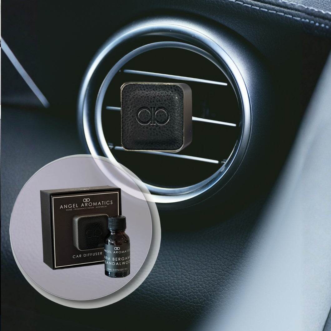 Car Diffuser Black Leather with Brushed Silver Zinc Alloy